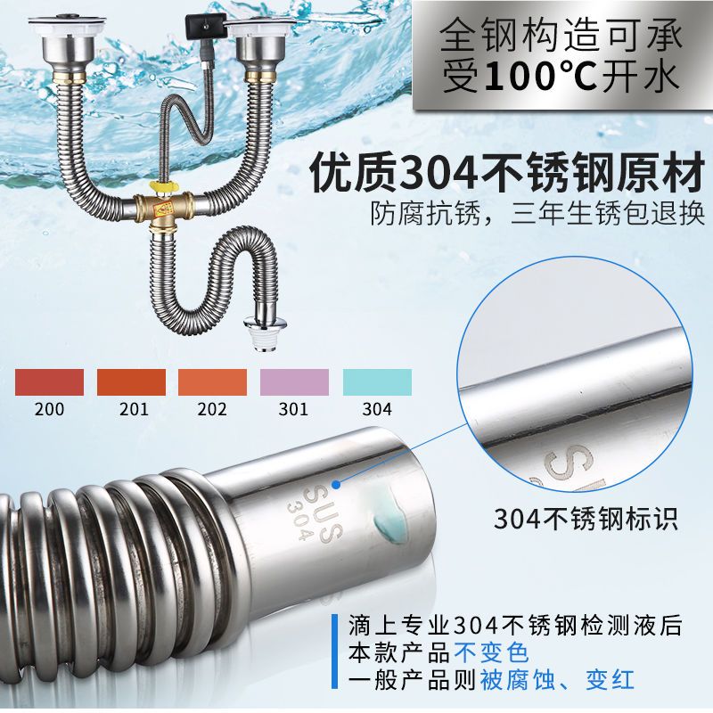 厨房下水道管子加长洗菜盆水槽下水管配件双槽排水管延长软管防臭|不锈钢304 双槽无溢水不带下水器60尾管