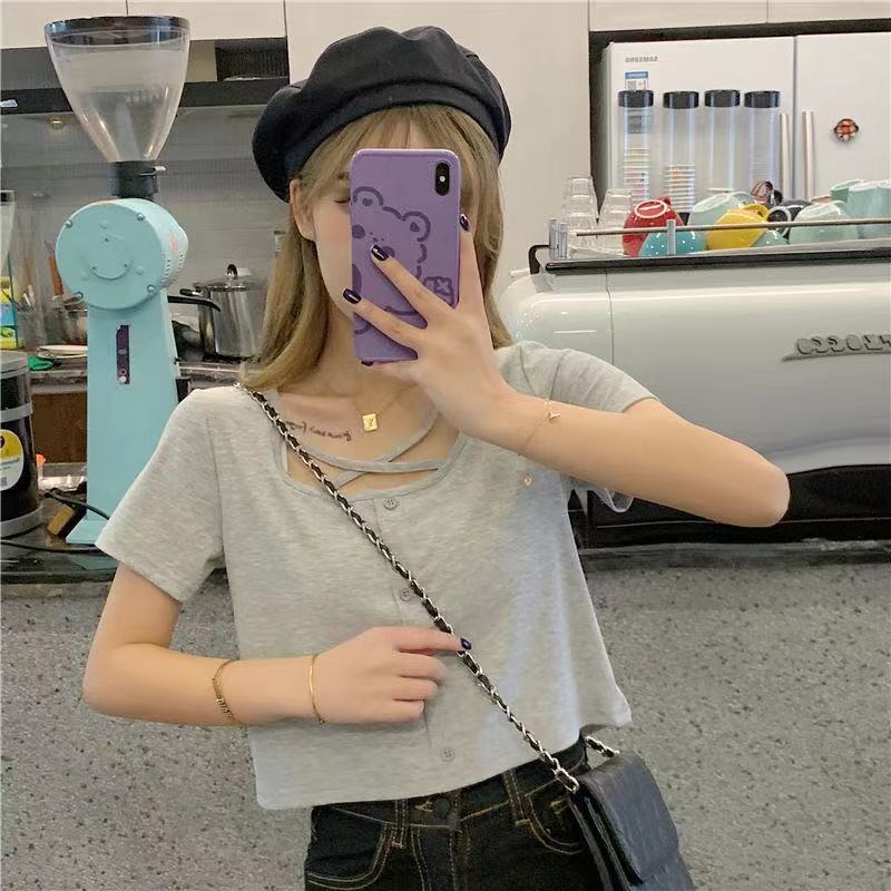 设计感小众短款短袖t恤女夏宽松韩版ins潮原宿风chic港味黑色好质量