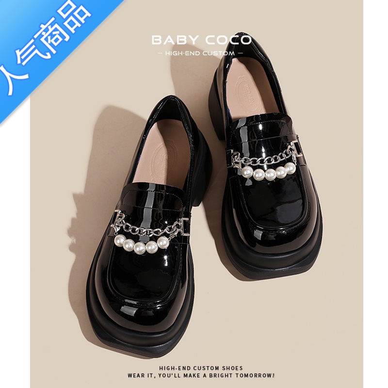 SUNTEK厚底乐福鞋女2023新款夏季珍珠链条甜酷玛丽珍小皮鞋大码单鞋高清大图