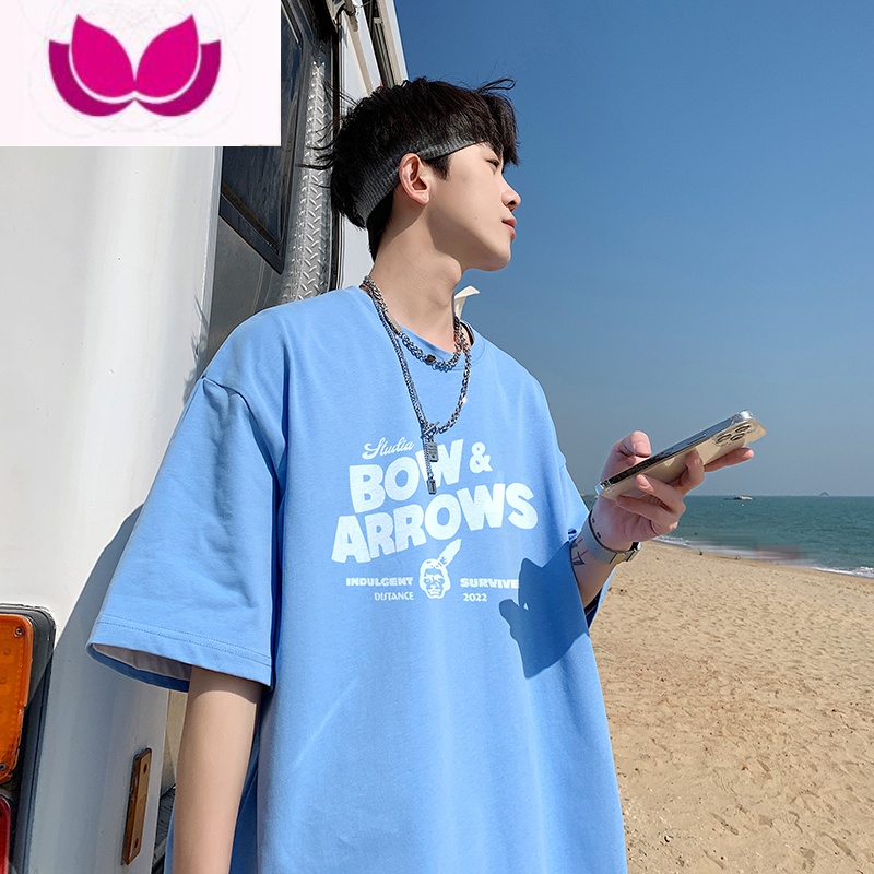 七斓蓝色oversize美式高街短袖t恤男盐系男友风体恤