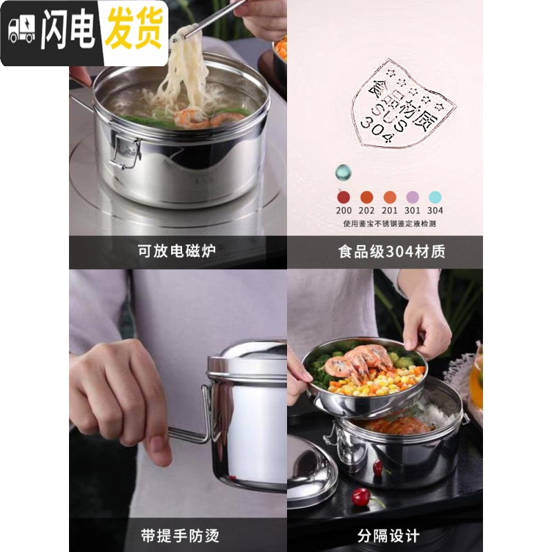 三维工匠304不锈钢蒸饭盒圆形带盖上班族便当盒学生分格成人食堂分隔饭缸 [适用儿童]小格12CM(配304便携餐具)