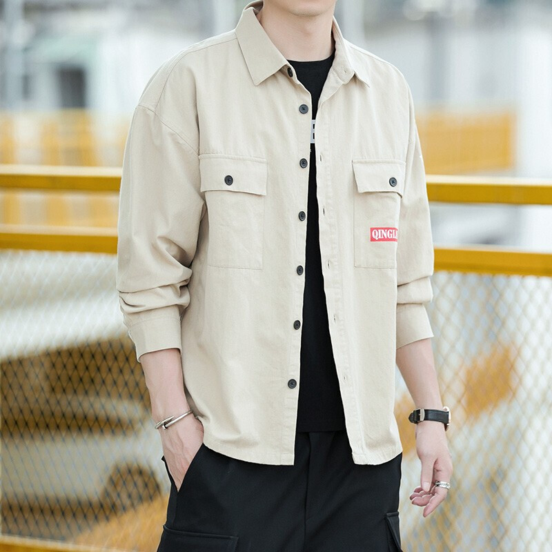 男士帅气日系印花长袖衬衣男秋季休闲港风工装外套流上衣男