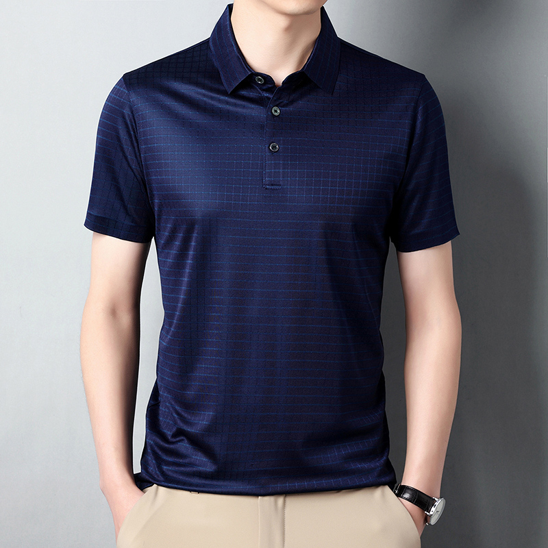 大牌正品真丝短袖T恤男士夏季翻领桑蚕丝Polo衫中年宽松薄 宝兰 175/XL130-150斤穿