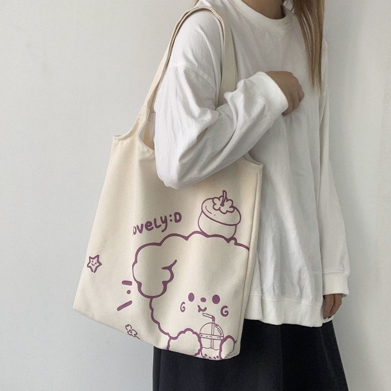 2021新款帆布包女单肩日系ulzzang大学生上课ins布袋子包大容量潮 lovely熊米色单肩款