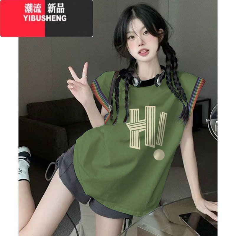 YIBUSHENG季多巴胺撞色休闲背心女外穿中长款无袖t恤女宽松球衣上衣