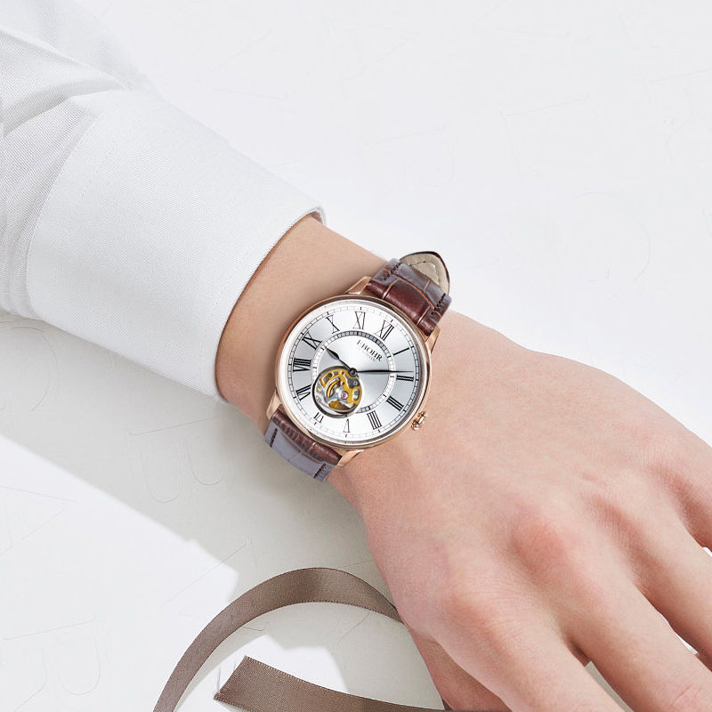 依波表(EBOHR) 自动机械表镂空时尚超薄防水腕表送男友礼物 玫瑰金皮带 51703439高清大图