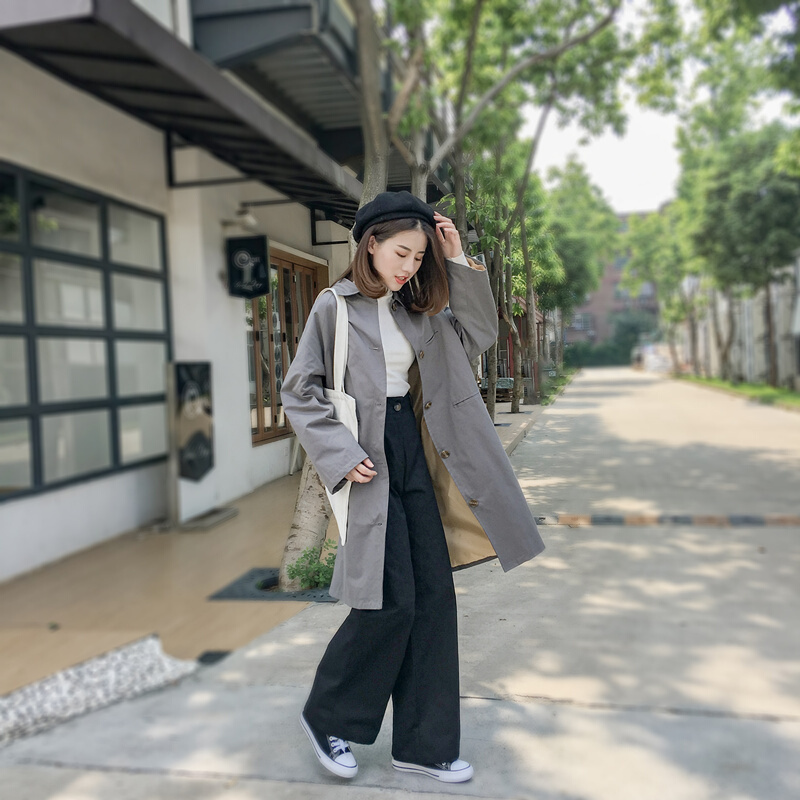 风衣女中长款韩版春季2018lulu秋季气质宽松学生外套灰色均码