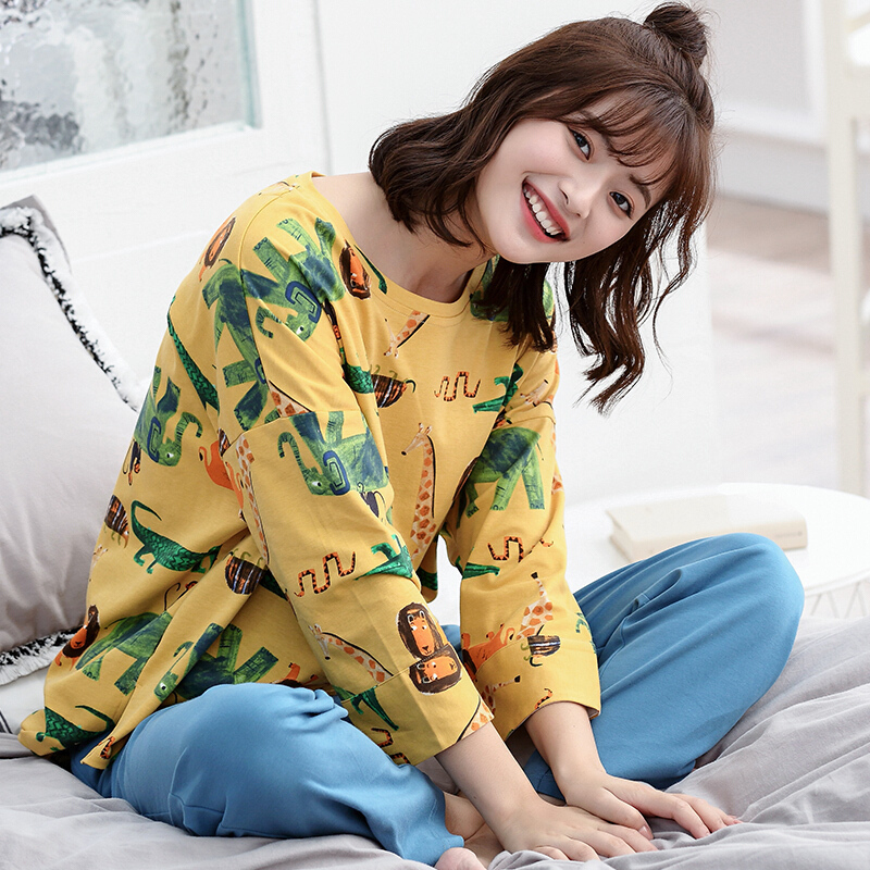 韩版长袖睡衣女春秋套装薄款甜美可爱棉宽松家居服可外穿夏