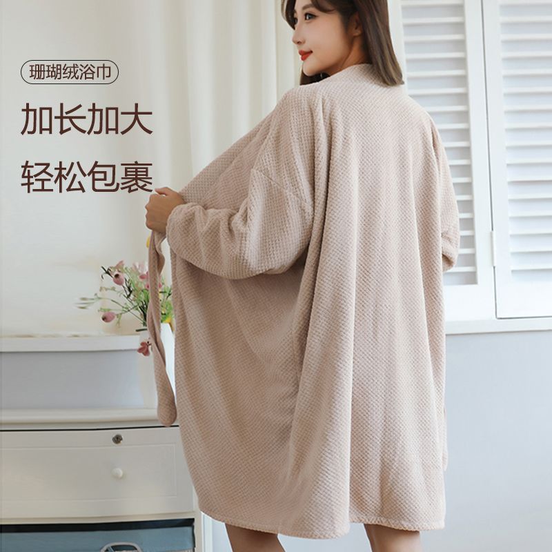 冬季加厚珊瑚绒浴袍菠萝格可穿浴巾加大加厚吸水速干柔软冬季浴裙高清大图