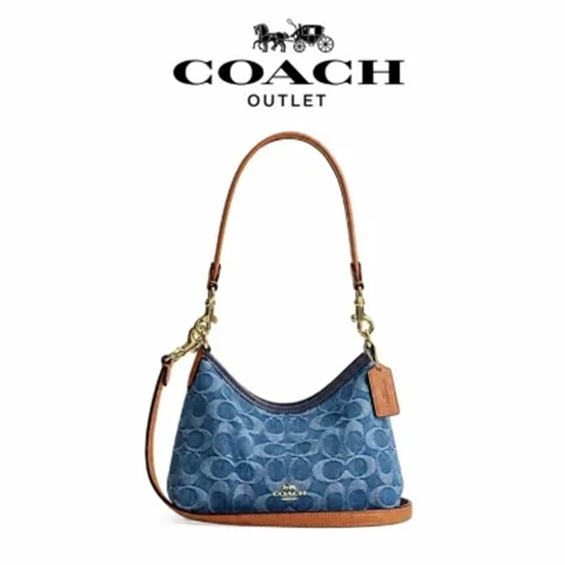 【香港直邮】COACH蔻驰Laurel 19拉链开合 织物配拼牛剖层革 单肩包斜跨流浪包小号 丹宁蓝 蓝色