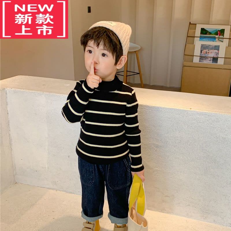 可莉允萌萌哒儿童高领毛衣小童撞色条纹针织衫男童女童秋冬装打底衫新款图片