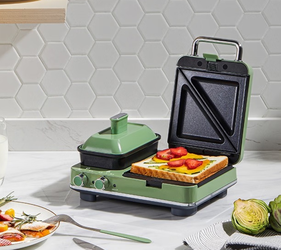 摩飞电器(Morphyrichards)多功能早餐机电饼铛家用吐司机双区料理三明治机MR9086 清新绿标配(带三明治盘