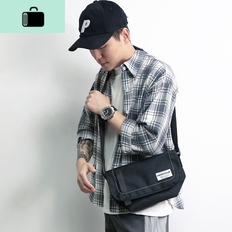 休闲斜挎包男士小背包学生日系帆布腰包街头潮牌邮差包单肩男包包new