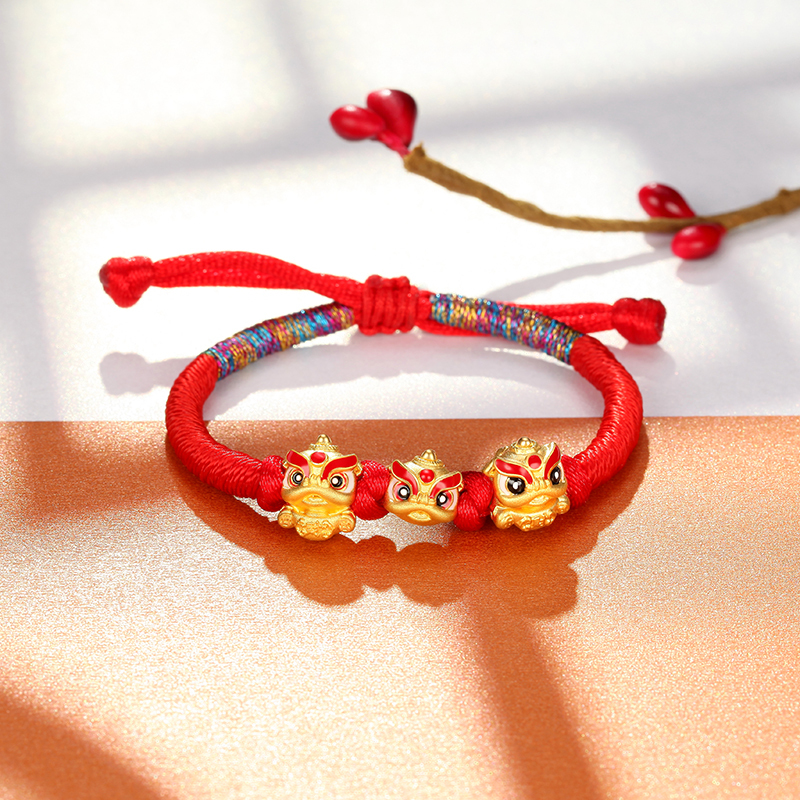 潮宏基吉祥喜狮黄金手链足金手饰好运手绳祈福国潮风女zq