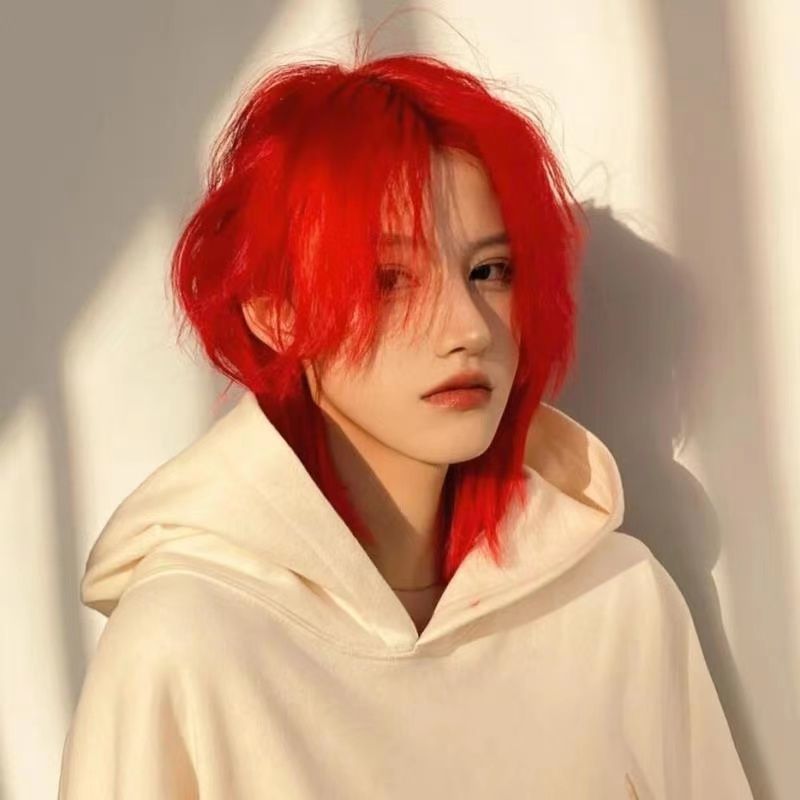 假发男韩版帅气短发狼尾时尚蓬松自然男女通用短直发假发套 海王红