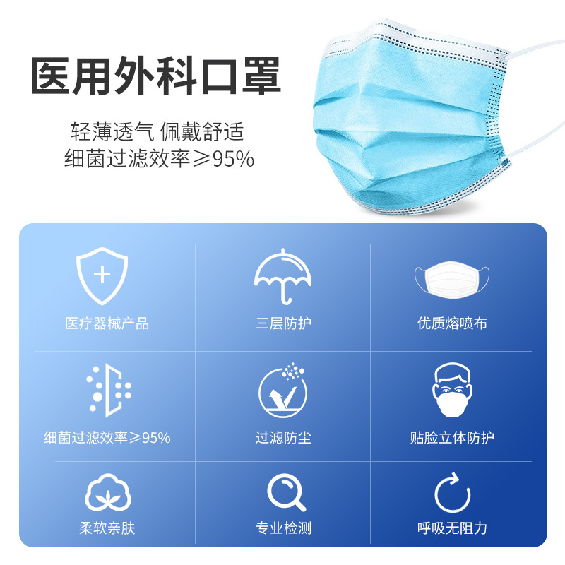 雅思医用外科口罩一次性医用医疗口罩医生外科医护专口罩三层10片/袋