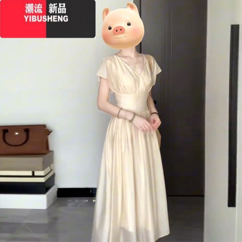 YIBUSHENG小飞袖v领雪纺连衣裙子女季2024新款法式气质高级感收腰a字长裙