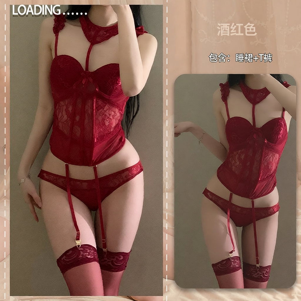 情趣内衣法式宫廷风女性感蕾丝绑带缕空小胸聚拢束腰马甲制服266 酒红马甲【含胸垫钢托吊袜带+内裤】