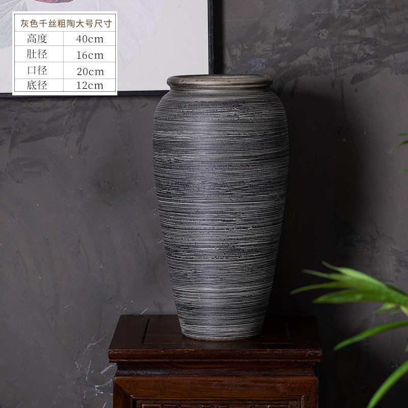 景德镇陶瓷花瓶摆件现代简约客厅插花中式大圆口窑变大号粗陶花瓶收纳袋 三维工匠 橙色千丝粗陶小号