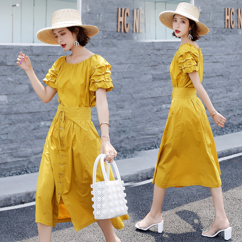 套装裙子女夏女士新品韩版时尚清新甜美一字肩上衣加裙子两件