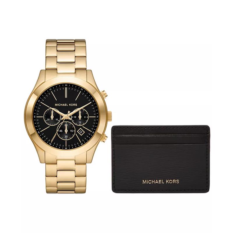 Michael Kors 男款石英计时金tone不锈钢mm手表薄款卡包套装防水米国际