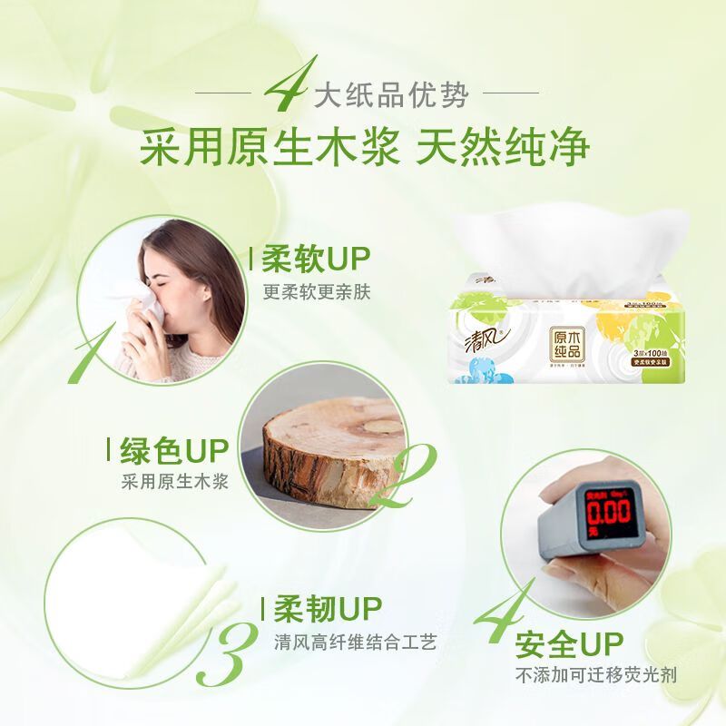 清风 原木纯品纸巾自然亲肤四叶草系列3层加厚100抽24包 BR62SCJE2-4T 6包*4提