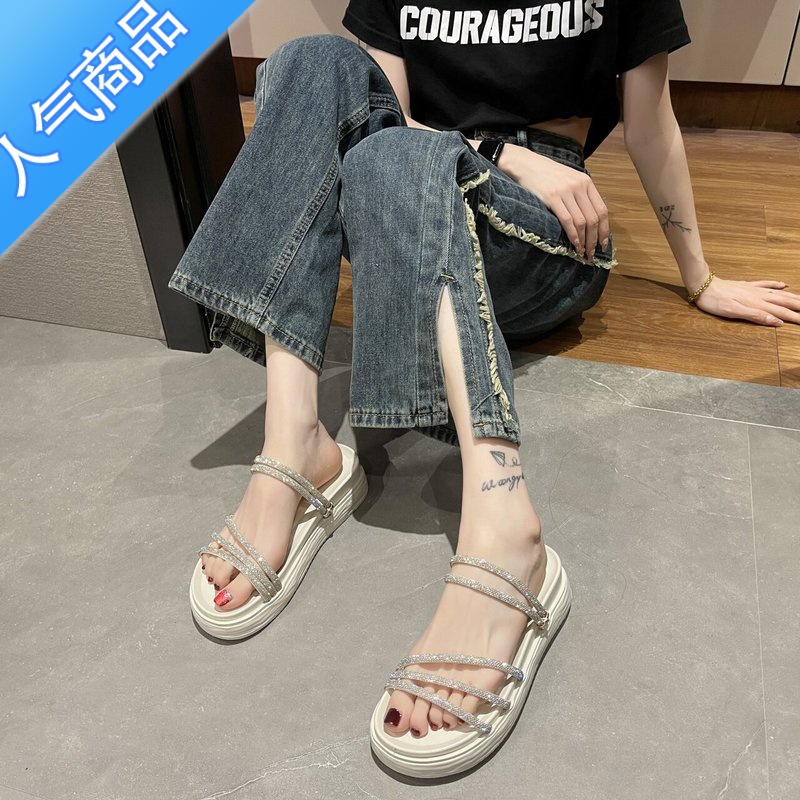 SUNTEK外穿拖鞋女2023夏季新款百搭休闲厚底一字拖时尚水钻平底凉女高清大图