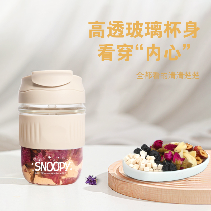 史努比(SNOOPY)玻璃水杯新款带吸管简约便携牛奶杯双饮杯高颜值水杯CQG3322