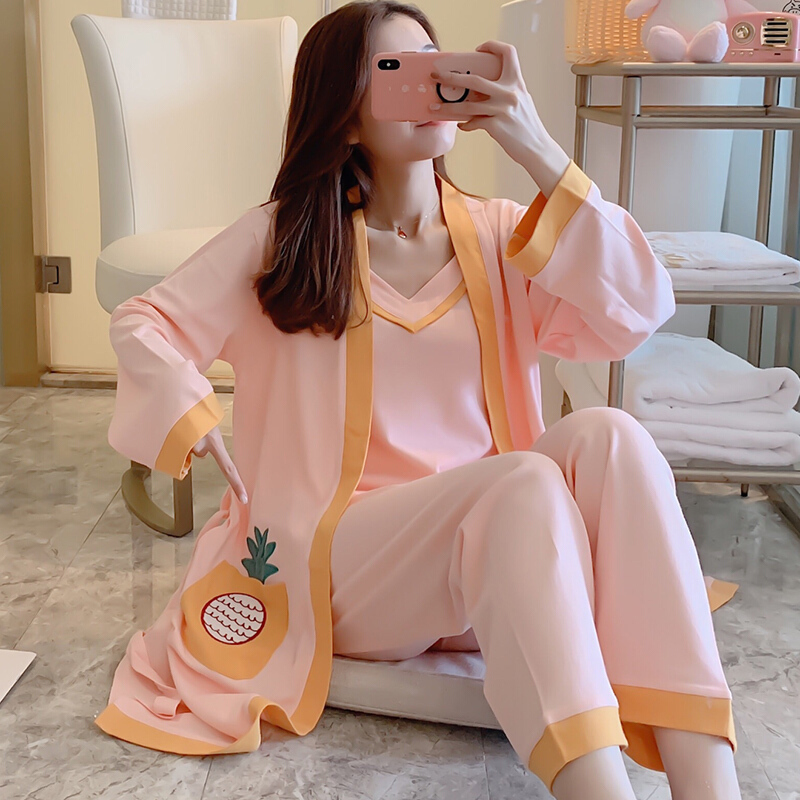波迷娜(BOMINA)睡衣女春三件套装纯棉睡袍夏天薄款可爱性感休闲服可外穿