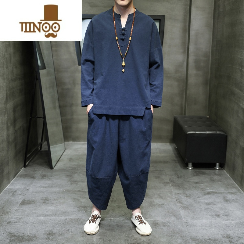 yanxu亚麻男t恤套装中国风男装佛系唐装夏季复古风汉服禅服茶服棉