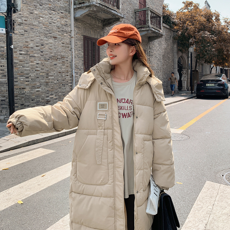 冬季新款棉服女韩版宽松中长过膝羽绒棉衣小个子活帽加厚棉袄外套 浅卡其 S
