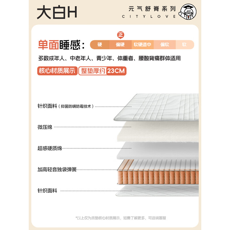 城市爱情喜临门 - 大白H 床垫舒脊硬质绵轻音独袋弹簧床垫子 偏硬 大白H【厚度23CM/独袋弹簧】 180*200cm