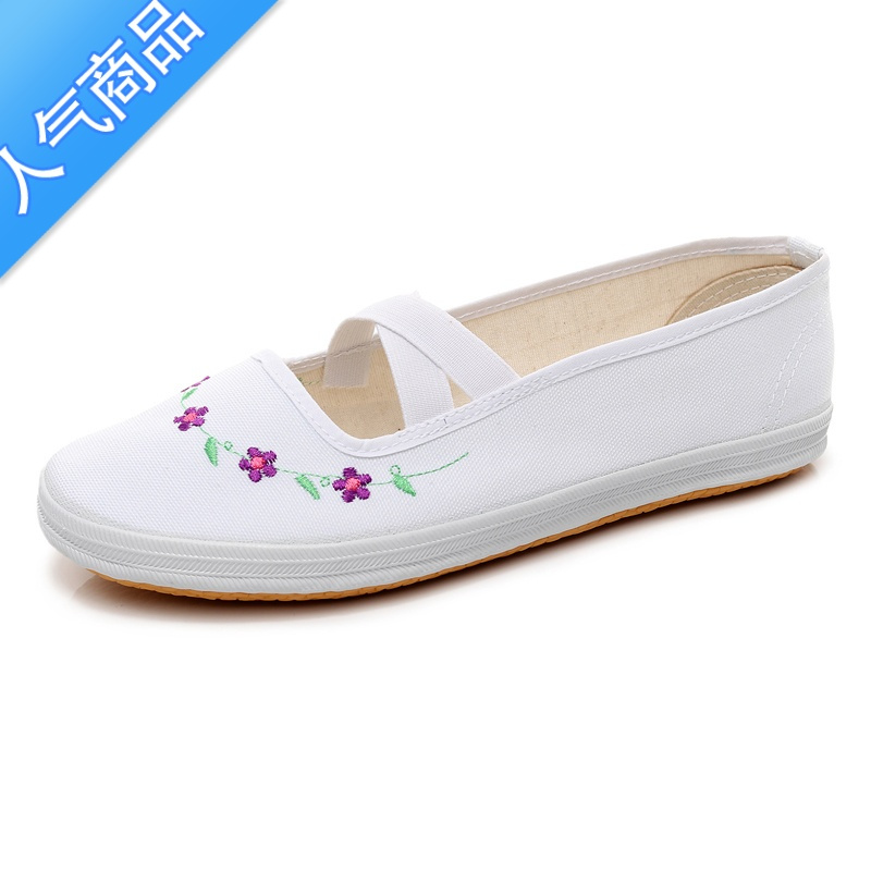 女款小白鞋绣花帆布鞋女学生舞蹈演出表演鞋护士工作鞋软底白布鞋