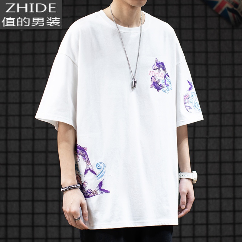 SUNTEKhiphop国潮中国风锦鲤刺绣棉体恤衫潮牌情侣宽松圆领短袖T恤男T恤高清大图