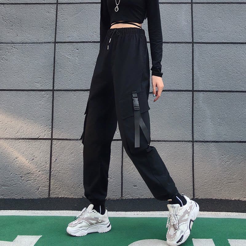 唯逸衣品2020新款工装裤女显瘦高腰黑色裤子宽松bf直筒运动束脚百搭休闲裤图片