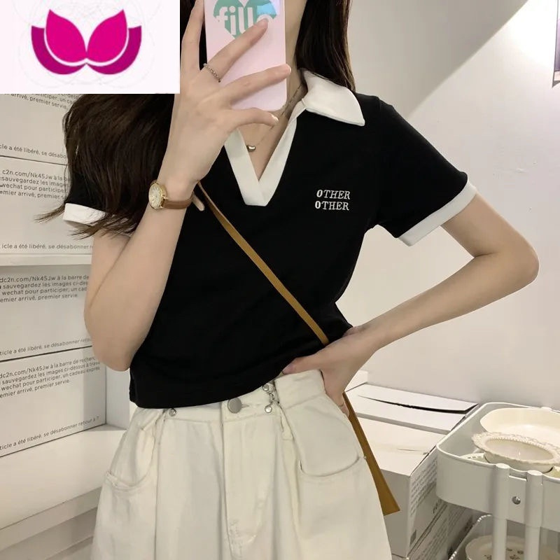 七斓甜美夏季小清新正肩polo领设计感小众短袖T恤女ins修身短款上衣潮