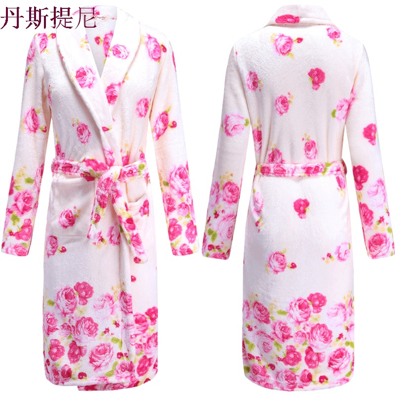 反季亏本冲量!甜蜜玫瑰花朵女睡袍加厚法兰绒秋冬季长袖浴袍睡衣