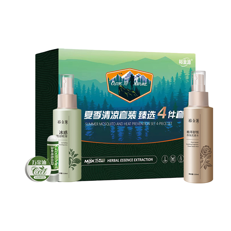 裕金源 夏季清凉套装 (植萃舒缓香氛花露水花露水120ml+冰感清凉喷雾110ml+鼻舒1.5g+万金油3.5g) 臻选高清大图