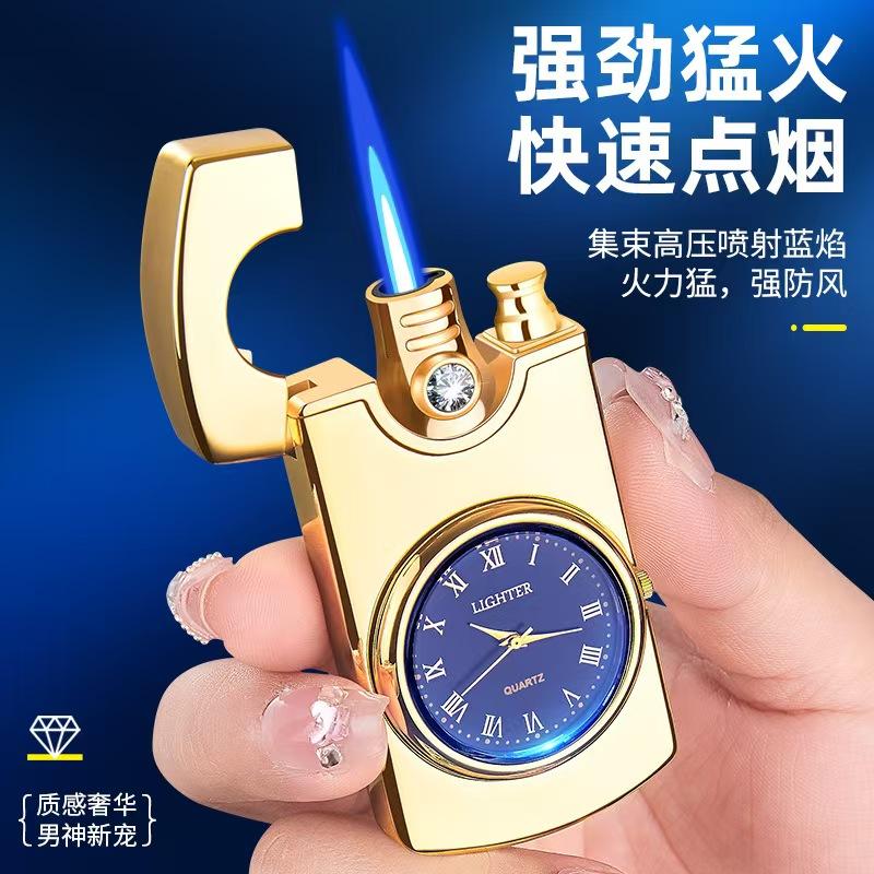 新款防风充气打火机个性直冲炫酷镶钻真表盘手表蓝焰点烟器送男友高清大图