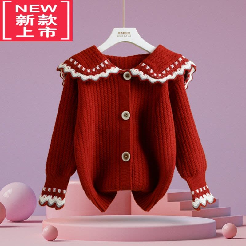 可莉允2022秋冬季新款女童红毛衣开衫洋气娃娃领针织外套儿童中大童春装图片
