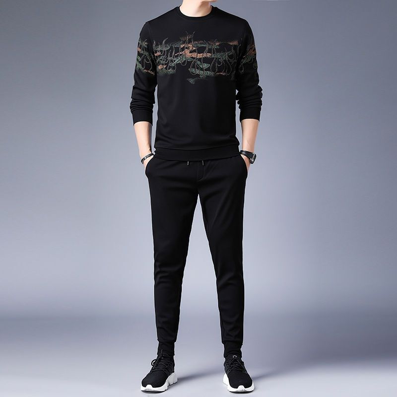 公牛男装一套潮男搭配帅气个性成熟稳重土休闲套装3040岁长袖t恤潮流