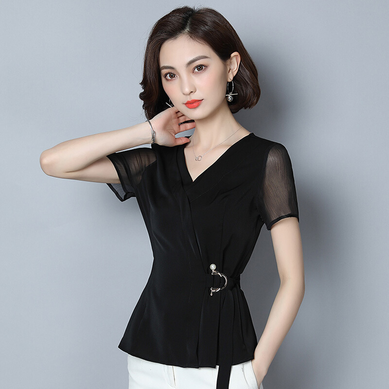 雪纺短袖女夏新款时尚百搭t恤宽松遮肚子上衣气质收腰洋气v领小衫