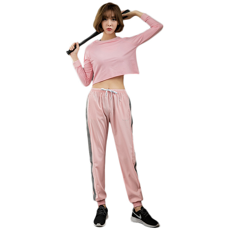 运动卫衣套装女露肚脐短款上衣速干裤户外跑步宽松瑜伽健身裤