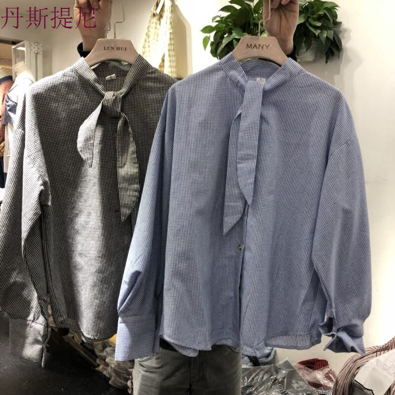 特惠2018春装格子系带立领长袖衬衫女时尚休闲学生韩范衬衣上衣潮