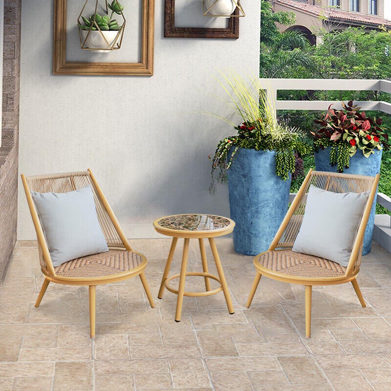 紫叶阳台休闲桌椅组合藤椅单人休闲沙发茶几三件套简约北欧茶桌椅 2编藤椅+1茶几【原木色】配坐垫