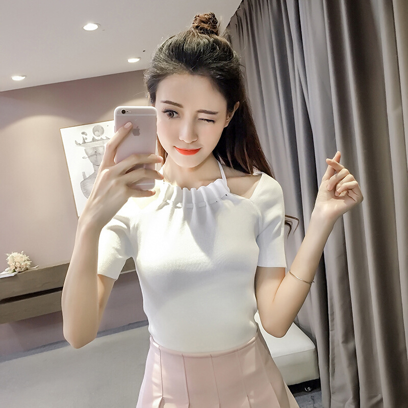 夏天衣服女性感露肩小心机上衣修身显瘦短袖t恤挂脖针织体恤ljq白色