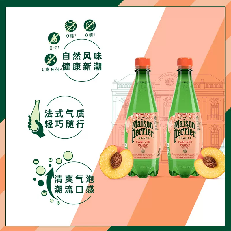 法国原装进口 巴黎水(Perrier)气泡矿泉水 白桃味天然矿泉水 500ml*4瓶(塑料瓶)