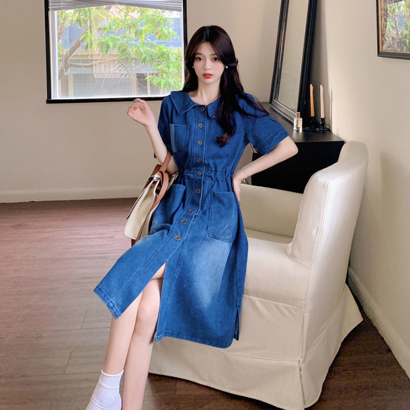 美动态大码女装夏季新款蓝色牛仔连衣裙胖mm藏肉显瘦过膝直筒裙女
