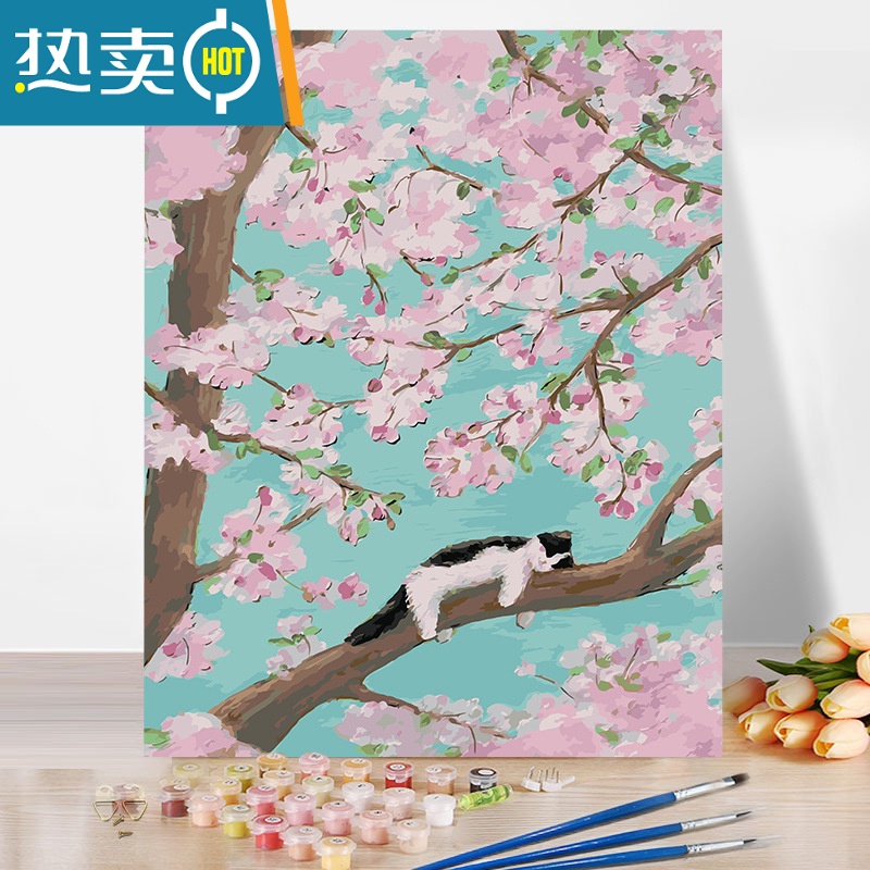 敬平diy数字油画手工涂色风景装饰油彩画填充手绘填色画画富士山装饰画 海棠春睡 护眼彩色画板+颜料+画笔40*50cm绷好内框