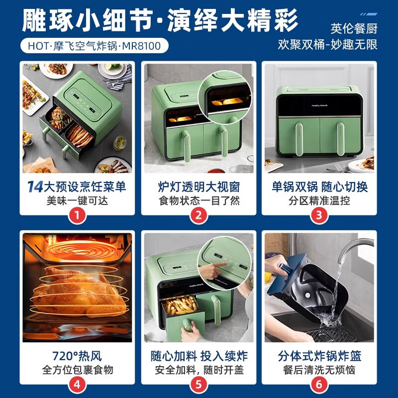 摩飞多功能空气炸锅ME89380大容量低脂健康烹饪不沾内锅智能触摸控制家用美食神器高清大图